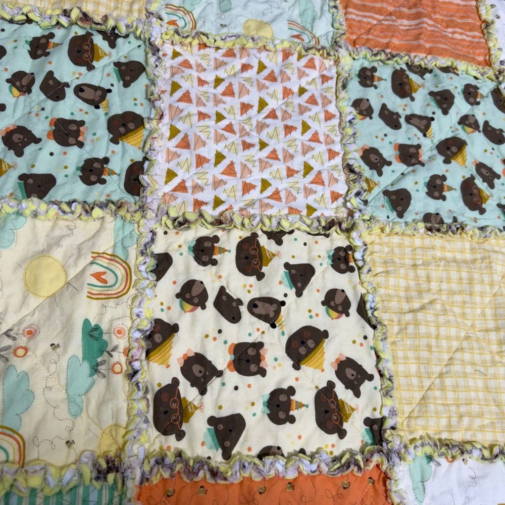 Handmade Women Cotton Rag Quilt 62x72 Multicolor Woodland Bear Patchwork Blanket